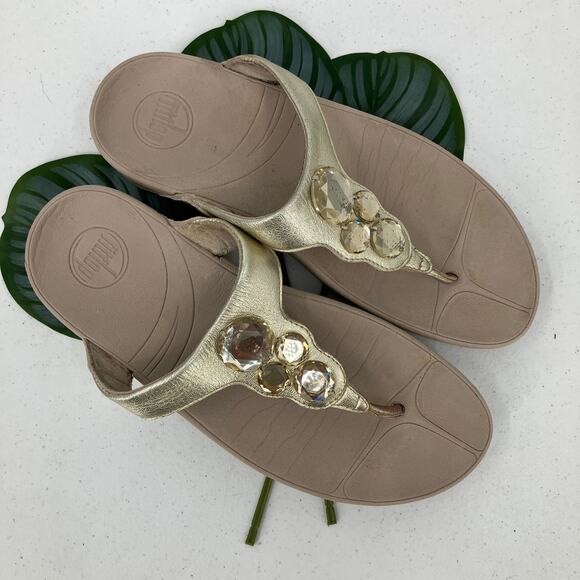 FitFlop Gold Beige Faux Jewels Lulu Toe-Post Lightweight Flip Flop Sandal Shoes - Picture 3 of 11